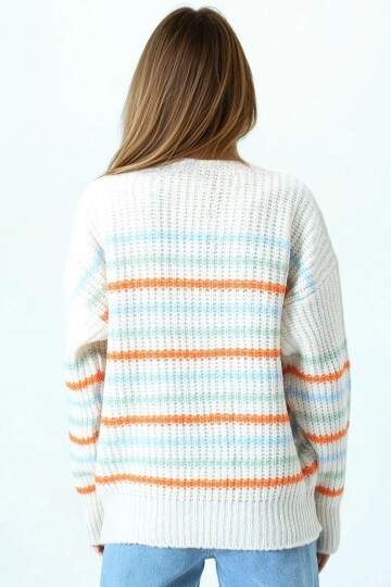 Bisiklet Yaka Örgü Detaylı Çizgili Triko Kazak