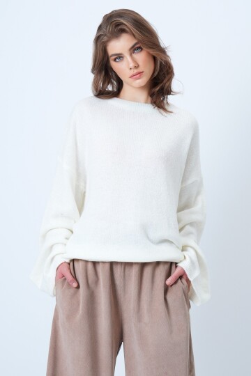 Bisiklet Yaka Oversize Yün Karışımlı Triko Kazak