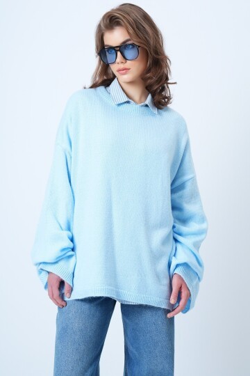 Bisiklet Yaka Oversize Yün Karışımlı Triko Kazak