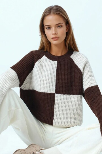 Bisiklet Yaka Renk Bloklu Dokulu Triko Kazak