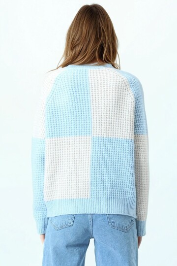 Bisiklet Yaka Renk Bloklu Dokulu Triko Kazak