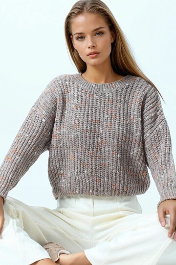 Bisiklet Yaka Renkli Nokta Desenli Triko Kazak