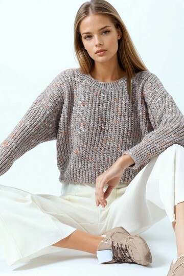 Bisiklet Yaka Renkli Nokta Desenli Triko Kazak