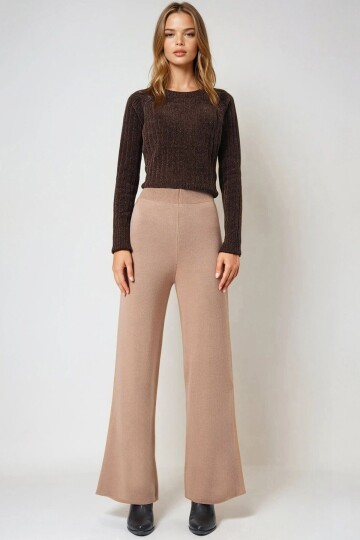 Bisküvi Yüksek Bel Beli Lastikli Triko Palazzo Pantolon
