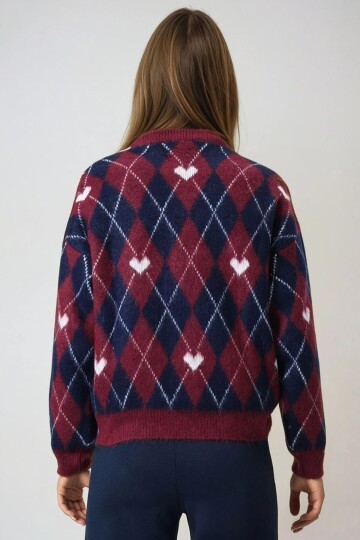 Bisiklet Yaka Kalp ve Baklava Desenli Yumoş Kazak