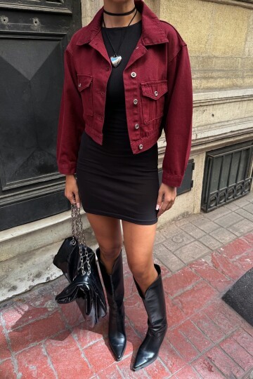 Bordo Çif Cepli Düğme Kapamalı Crop Denim Ceket