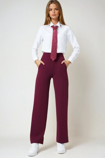 Bordo Geniş Kemerli Çift Cepli Palazzo Pantolon