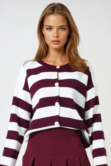 Bordo Kalın Çizgili Düğmeli Triko Hırka