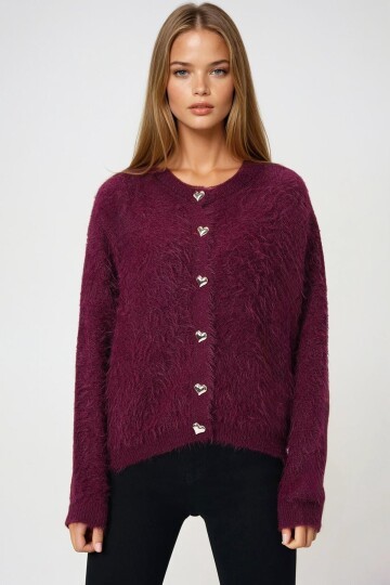 Bordo Kalp Düğme Detaylı Sakallı Hırka