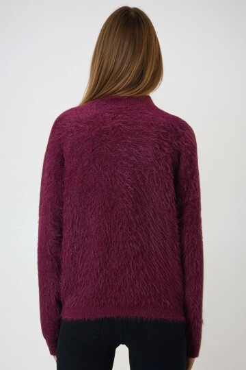 Bordo Kalp Düğme Detaylı Sakallı Hırka