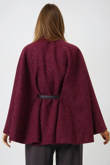 Bordo Kemerli Gizli Düğmeli Premium Pelerin