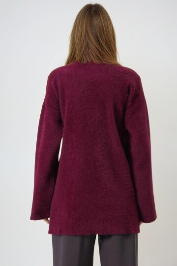 Bordo Kruvaze Yaka Püsküllü Hırka