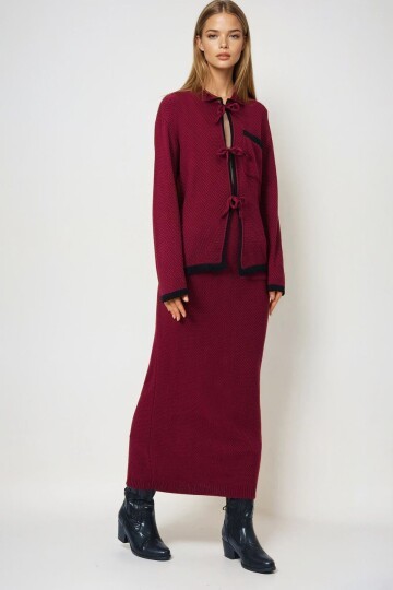 Bordo Polo Yaka Bağlamalı Triko Üst Ve Midi Etek Trikotakım