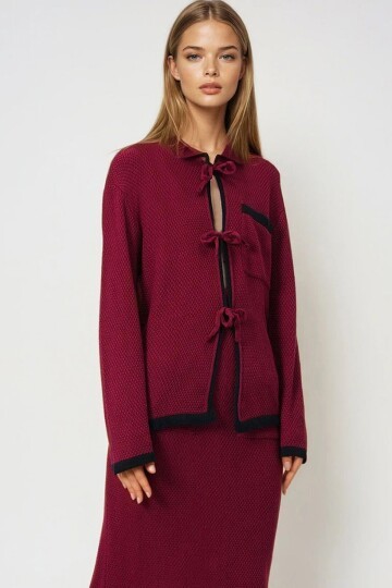 Bordo Polo Yaka Bağlamalı Triko Üst Ve Midi Etek Trikotakım