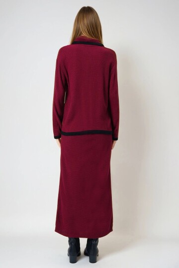 Bordo Polo Yaka Bağlamalı Triko Üst Ve Midi Etek Trikotakım