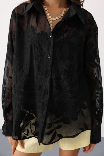 Çiçek Desenli Transparan Dokulu Oversize Uzun Kollu Gömlek Ve Atlet Takım