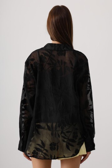 Çiçek Desenli Transparan Dokulu Oversize Uzun Kollu Gömlek Ve Atlet Takım