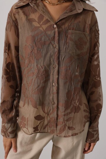 Çiçek Desenli Transparan Dokulu Oversize Uzun Kollu Gömlek