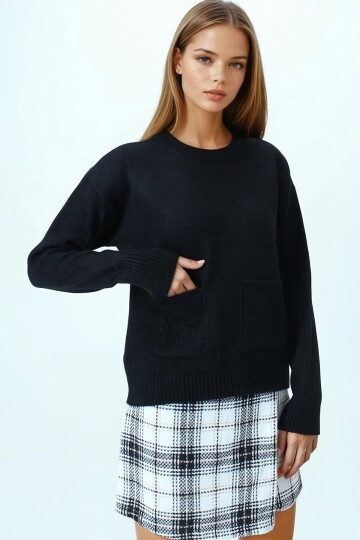 Çift Cepli Bisiklet Yaka Triko Kazak