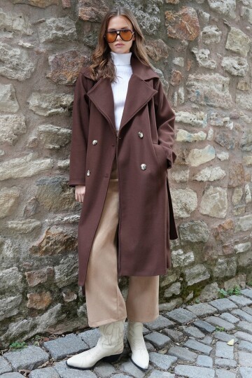 Çift Cepli İçi Astarlı Kruvaze Yaka Uzun Kaşe Palto