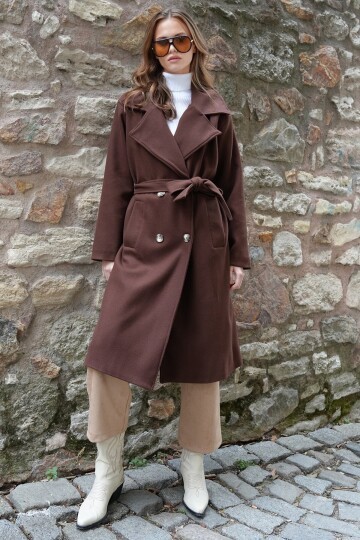 Çift Cepli İçi Astarlı Kruvaze Yaka Uzun Kaşe Palto