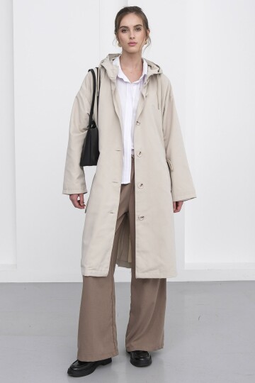 Çift Cepli Kapüşonlu Beli Bağlamalı Düğme Kapamalı Astarlı Trençkot