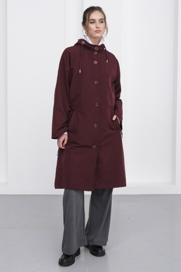 Çift Cepli Kapüşonlu Beli Bağlamalı Düğme Kapamalı Astarlı Trençkot