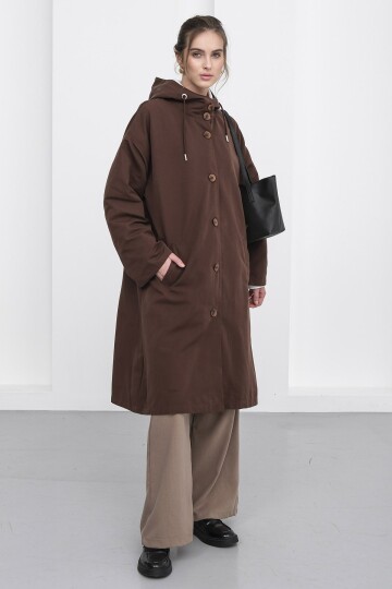 Çift Cepli Kapüşonlu Beli Bağlamalı Düğme Kapamalı Astarlı Trençkot