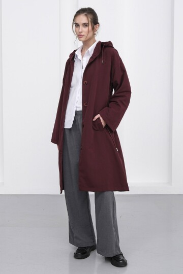 Çift Cepli Kapüşonlu Beli Bağlamalı Düğme Kapamalı Astarlı Trençkot