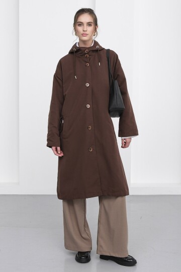 Çift Cepli Kapüşonlu Beli Bağlamalı Düğme Kapamalı Astarlı Trençkot