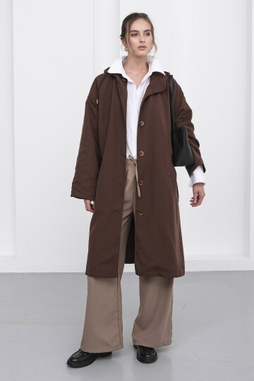 Çift Cepli Kapüşonlu Beli Bağlamalı Düğme Kapamalı Astarlı Trençkot