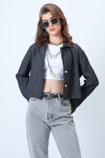 Çift Düğmeli Derin V Yaka Dokulu Crop Ceket