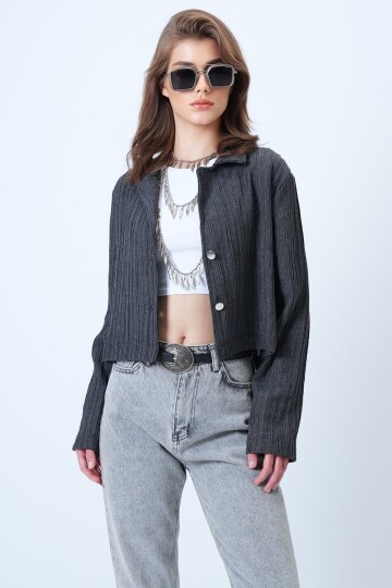 Çift Düğmeli Derin V Yaka Dokulu Crop Ceket