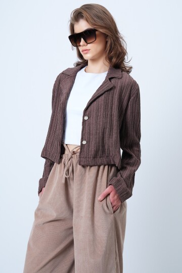 Çift Düğmeli Derin V Yaka Dokulu Crop Ceket