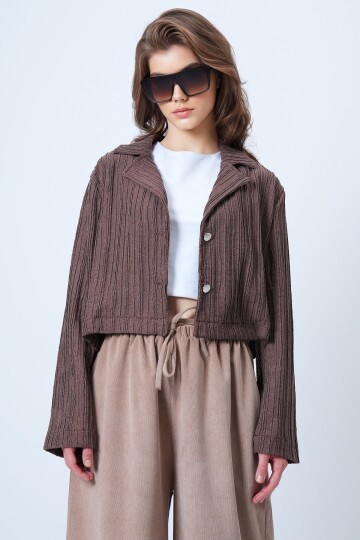 Çift Düğmeli Derin V Yaka Dokulu Crop Ceket