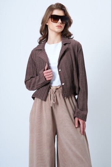 Çift Düğmeli Derin V Yaka Dokulu Crop Ceket