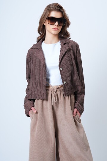 Çift Düğmeli Derin V Yaka Dokulu Crop Ceket