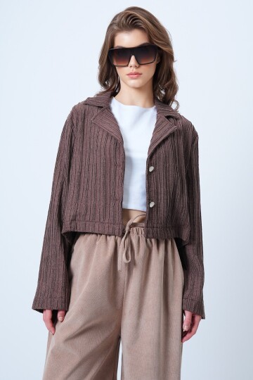 Çift Düğmeli Derin V Yaka Dokulu Crop Ceket