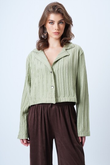 Çift Düğmeli Derin V Yaka Dokulu Crop Ceket