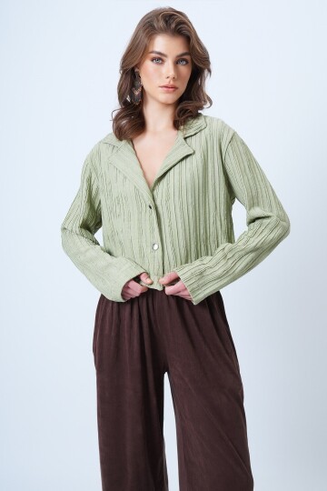 Çift Düğmeli Derin V Yaka Dokulu Crop Ceket