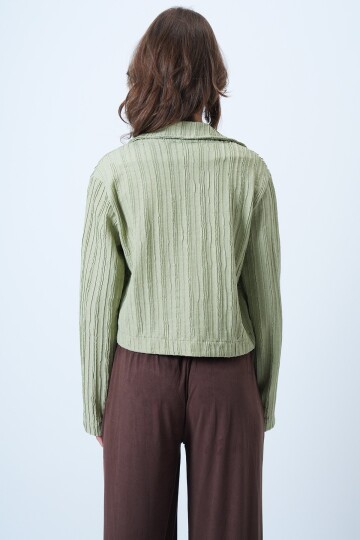 Çift Düğmeli Derin V Yaka Dokulu Crop Ceket