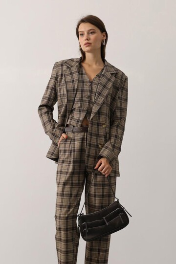 Çift Düğmeli Ekose Desenli Vatkalı Oversize Astarlı Blazer Ceket