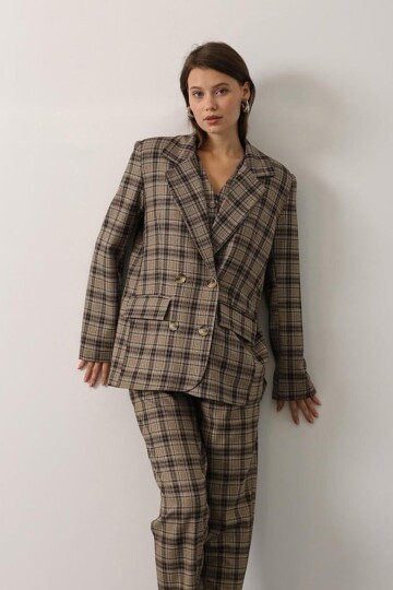 Çift Düğmeli Ekose Desenli Vatkalı Oversize Astarlı Blazer Ceket