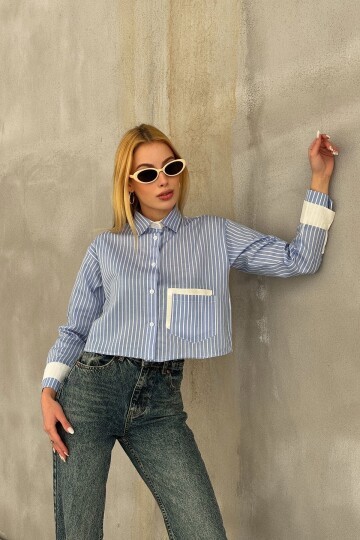 Çizgili Oversize Uzun Kollu Düğmeli Manşet Crop Gömlek