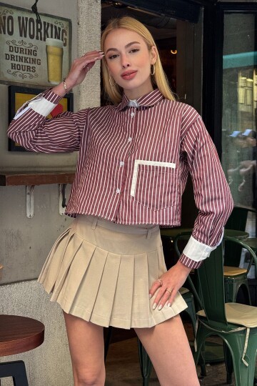 Çizgili Oversize Uzun Kollu Düğmeli Manşet Crop Gömlek
