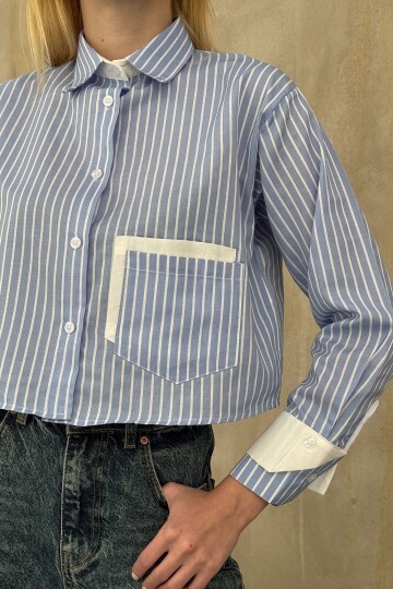 Çizgili Oversize Uzun Kollu Düğmeli Manşet Crop Gömlek