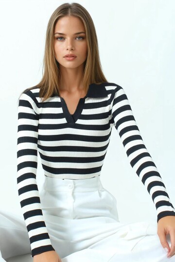 Çizgili Polo Yaka Kısa Kollu Triko Bluz