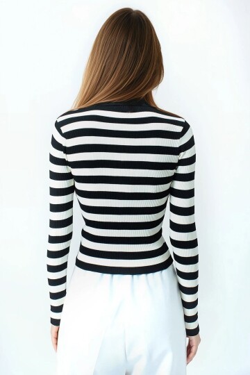 Çizgili Polo Yaka Kısa Kollu Triko Bluz
