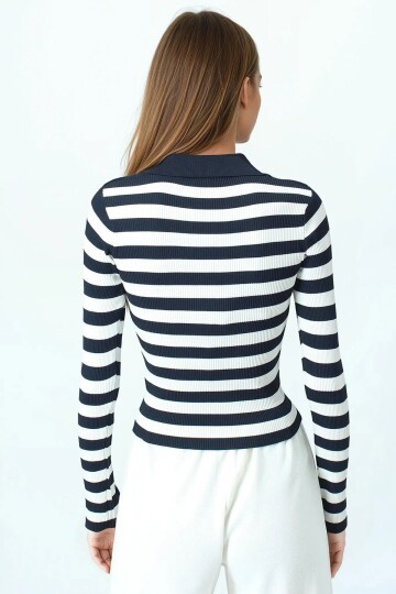 Çizgili Polo Yaka Kısa Kollu Triko Bluz