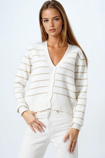 Derin V Yaka Düğmeli Çizgili Triko Hırka